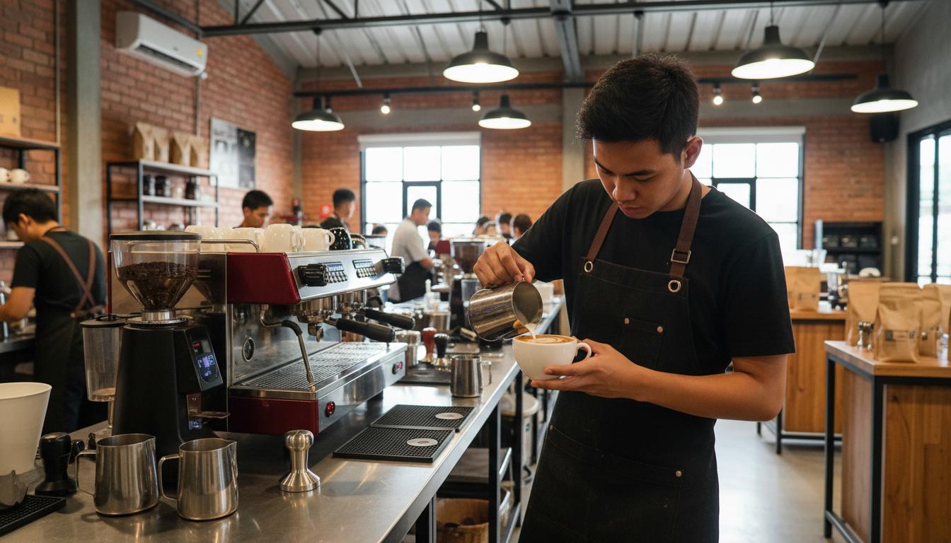 Professional barista student pouring latte art on a commercial 2-group espresso machine during training