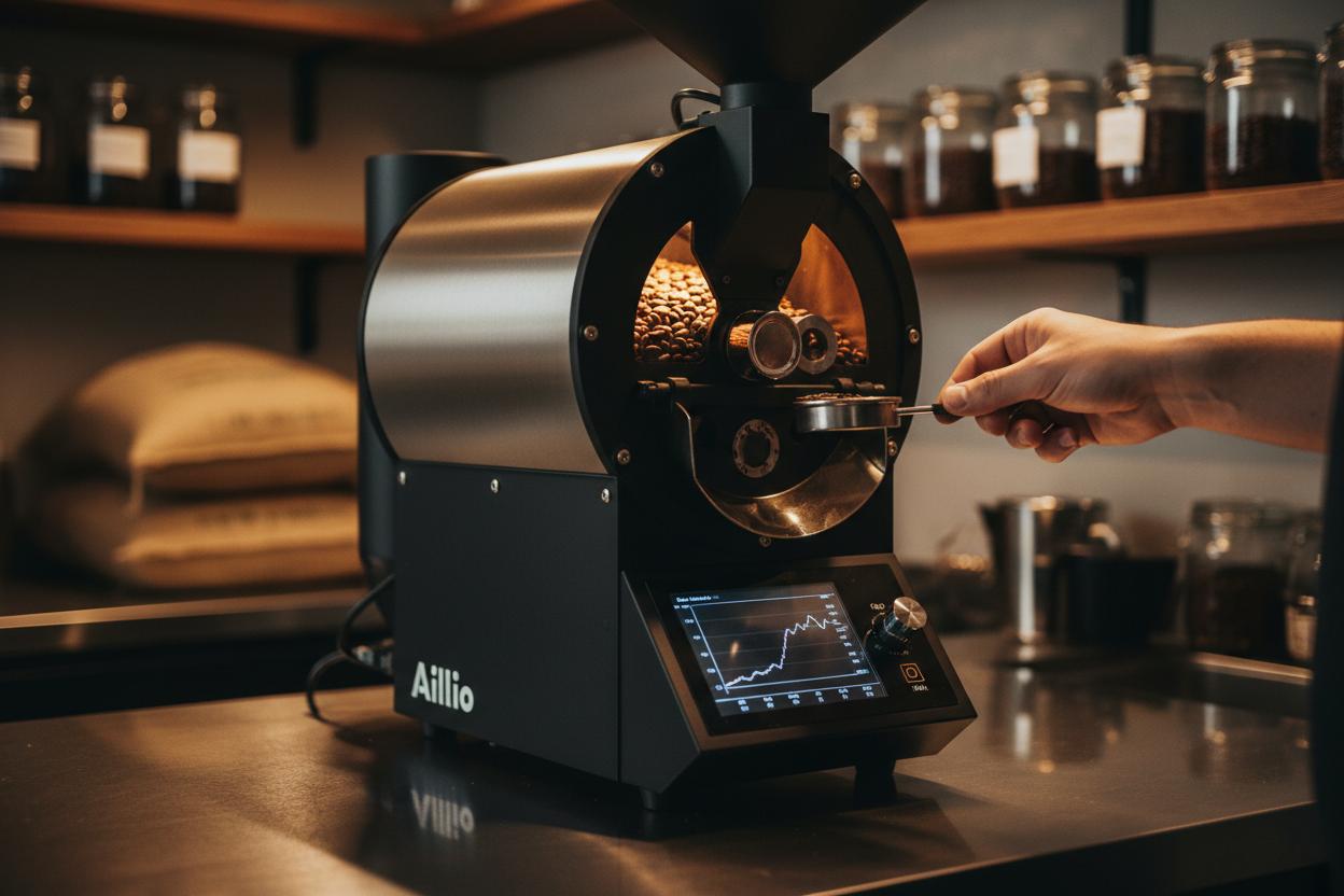 Aillio Bullet R1 V2 coffee roaster with digital roast curve display