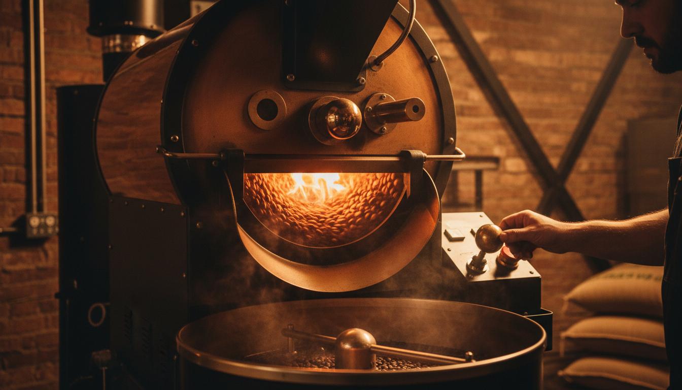 Professional coffee roasting with flames and copper beans